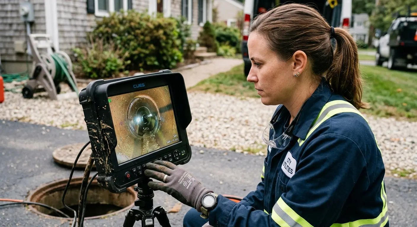 Technician reviewing sewer camera inspection footage in Grass Lake