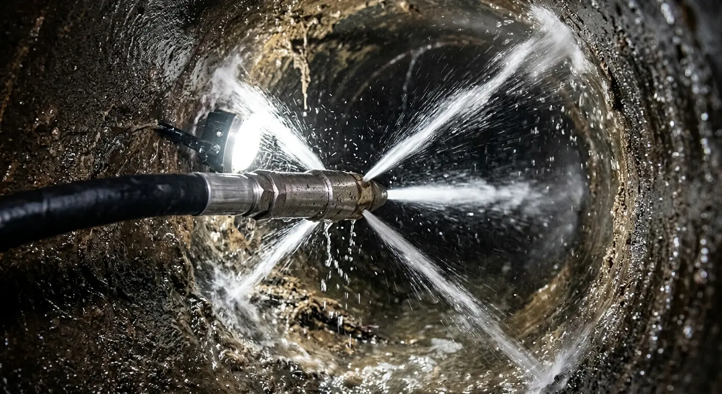High-pressure hydro jetting nozzle cleaning sewer pipe for Sewer Cleanout in Grass Lake