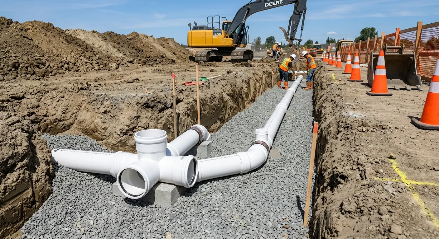 New PVC sewer pipe installation in open trench for Commercial Drain Cleaning in Grass Lake