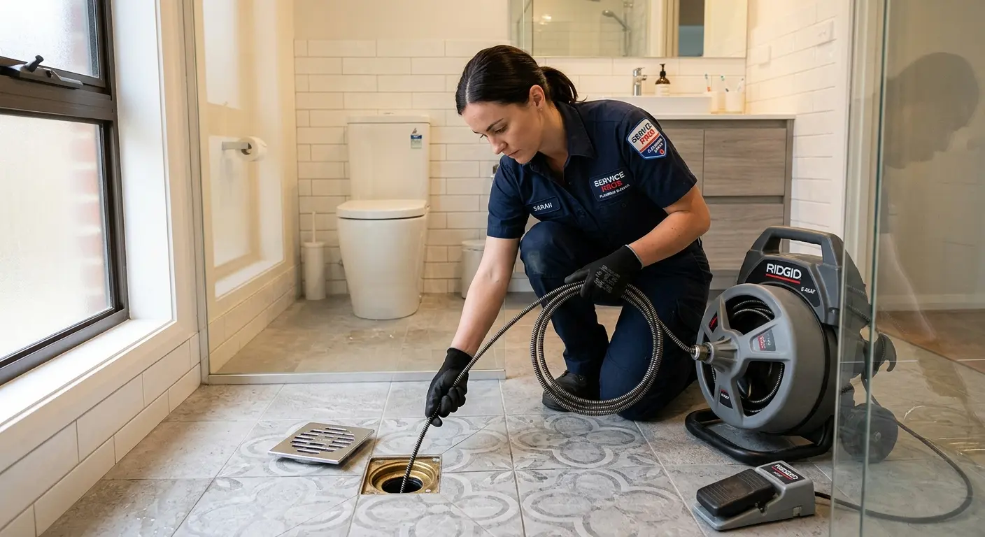 Technician clearing a bathroom floor drain for Drain Repair in Grass Lake